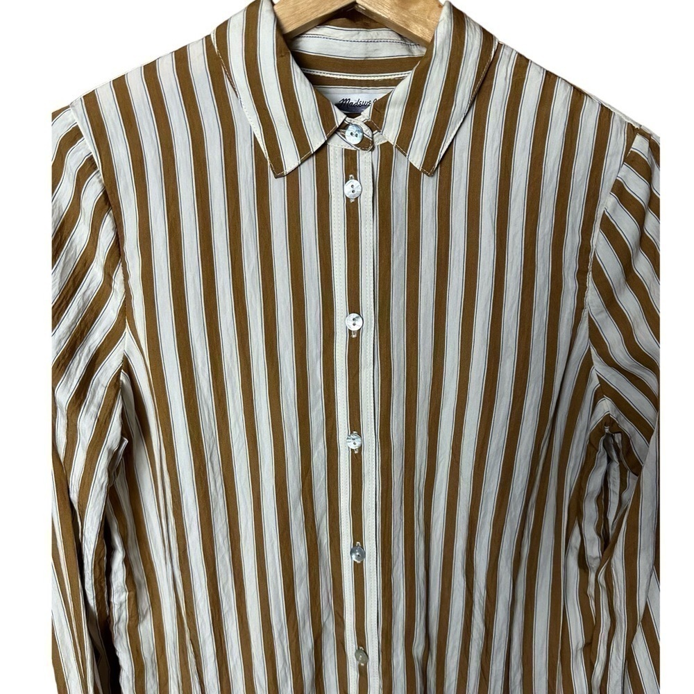 Madewell Crinkled Button Up Shirt Toffee Brown Striped XS - Picture 5 of 10